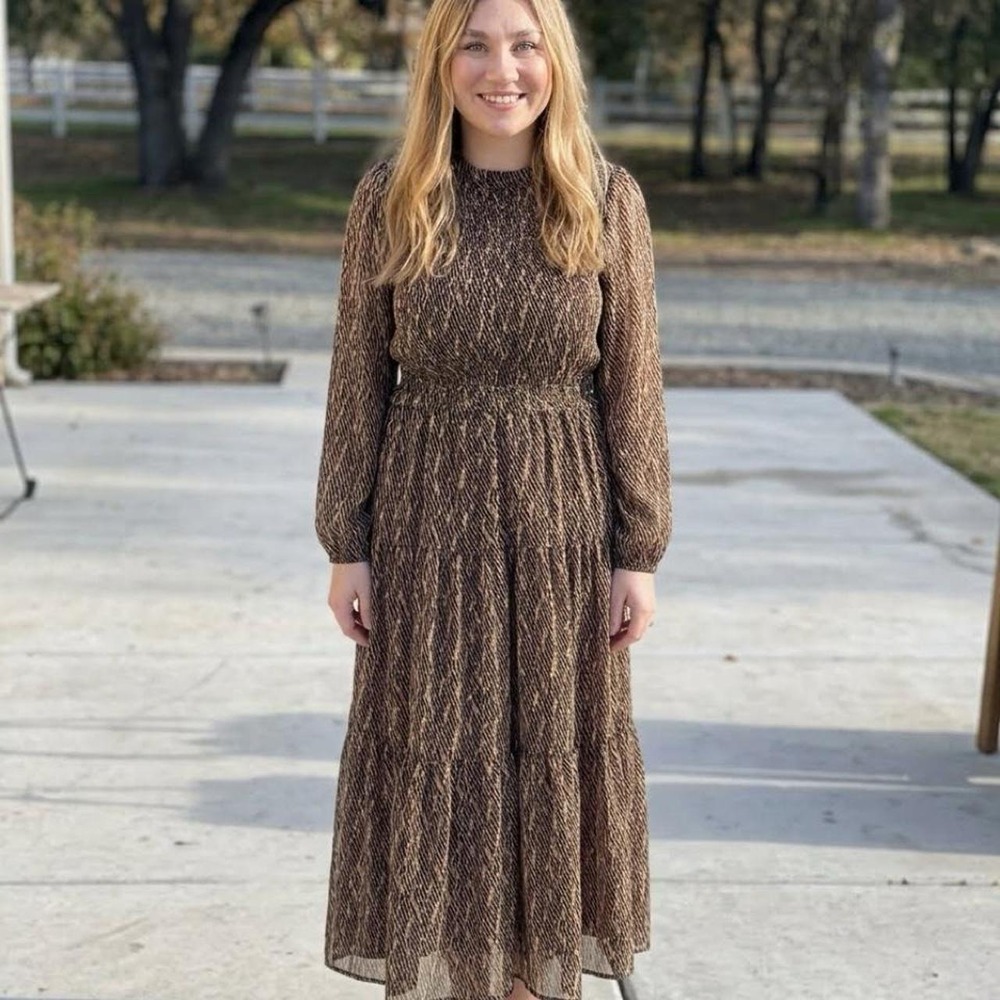 Brown and beige abstract pattern midi dress with long sleeves